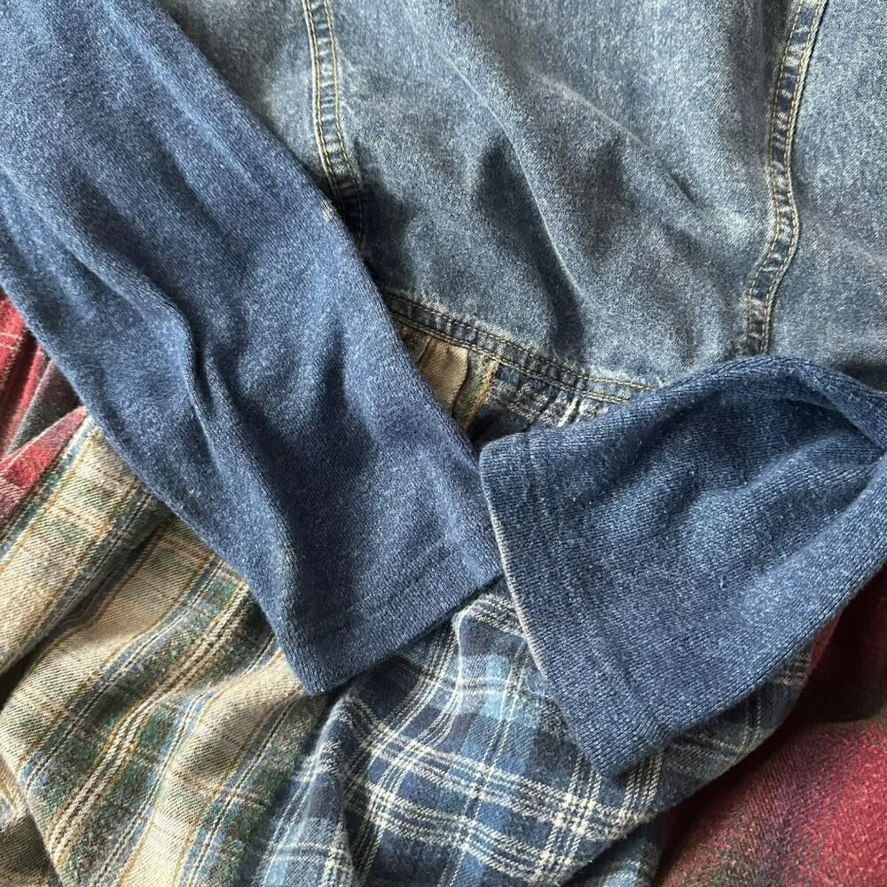 Vintage Denim & Plaid Patchwork Maxi Dress With Long Sleeves & Button Front - Picture 9 of 12